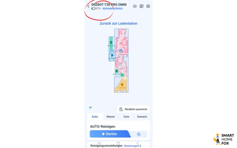 Der Akkuverbrauch des ECOVACS DEEBOT T30 PRO OMNI ist in der App zu sehen.